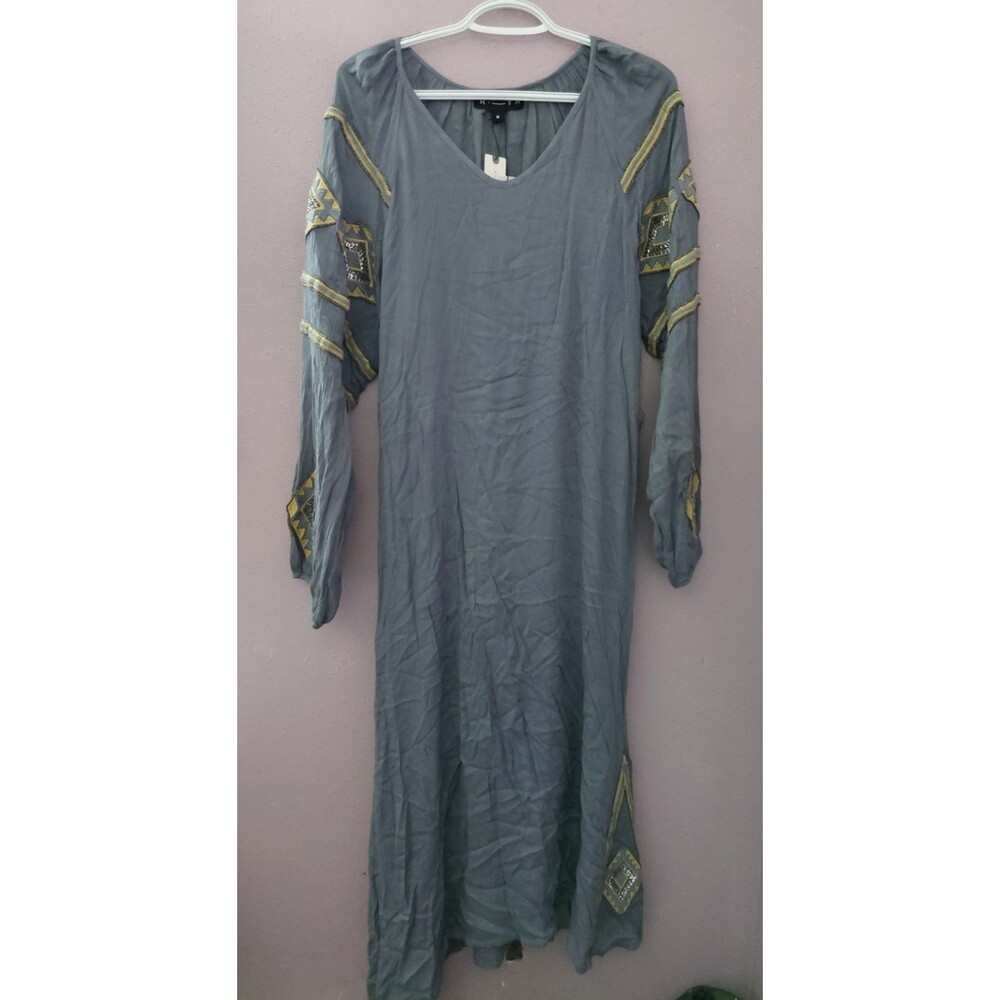 Anthropologie R._Ya Embellished Gray Gauzy Maxi Dress Size Medium Missing Belt